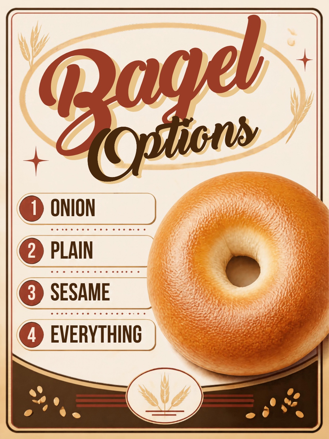 Cliff's Café bagel options: onion, plain, sesame and everything